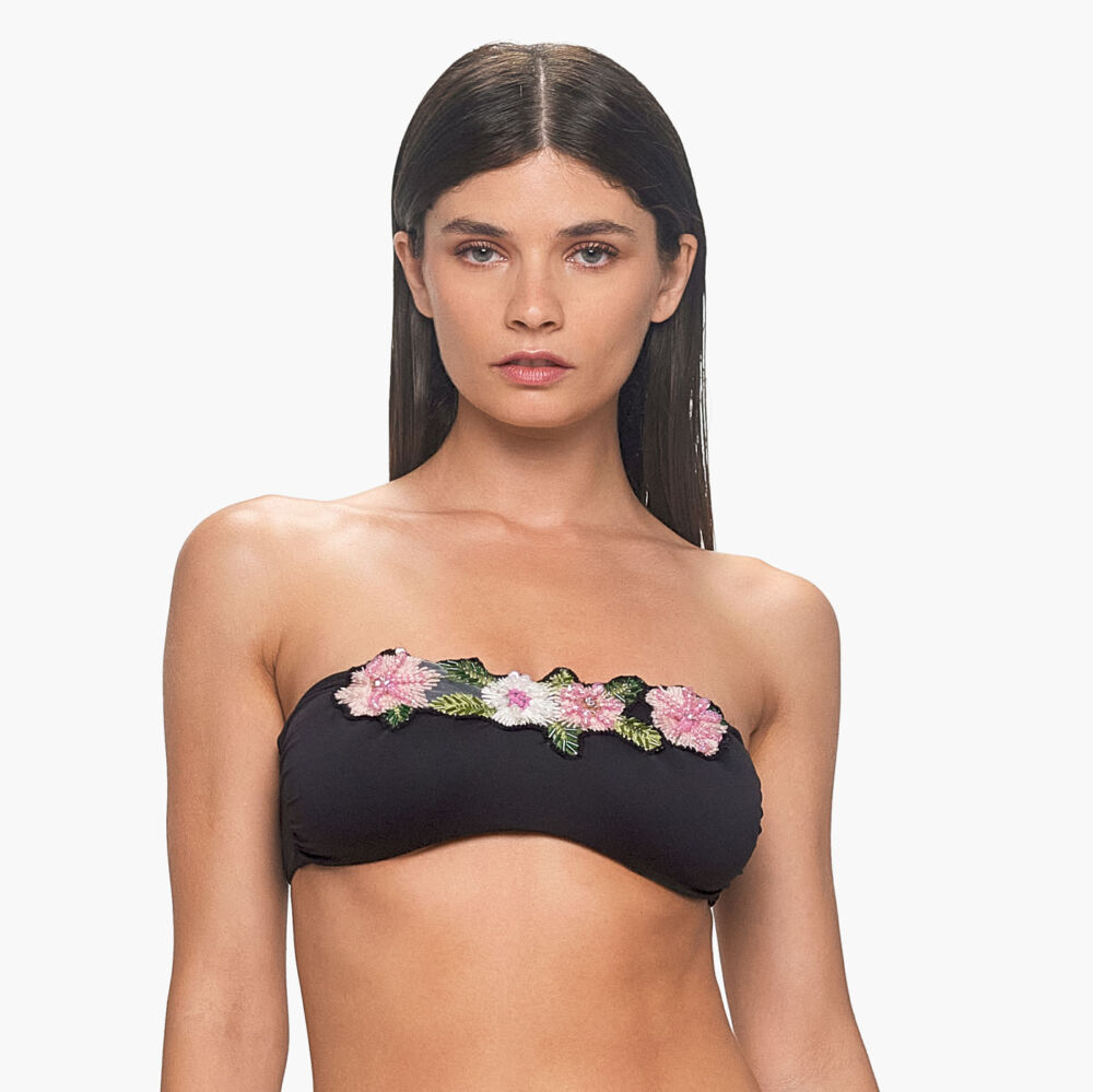 Reggiseno fascia con applicazione fiori paillettes, colore nero. Collezione Estate 2023