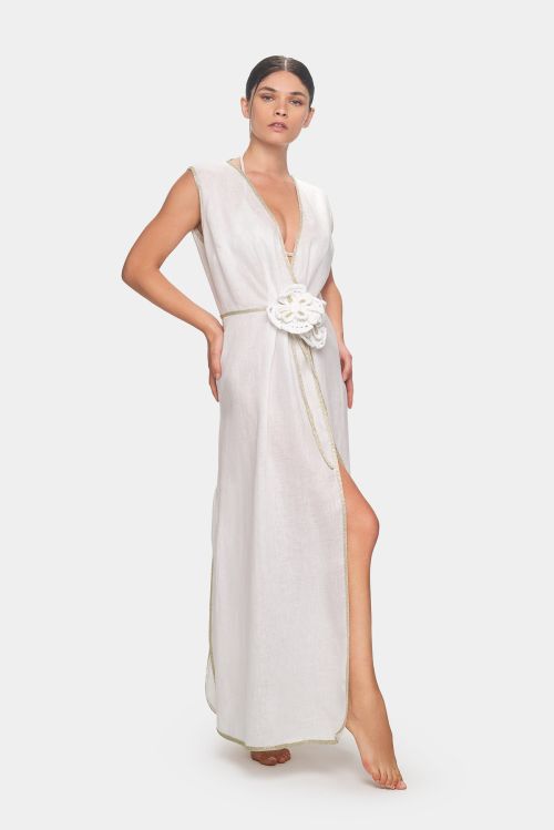 A03-PA_B Kaftano lungo in lino con rifiniture dorate della collezione estate 2024 Pantelleria Emamò Beachwear