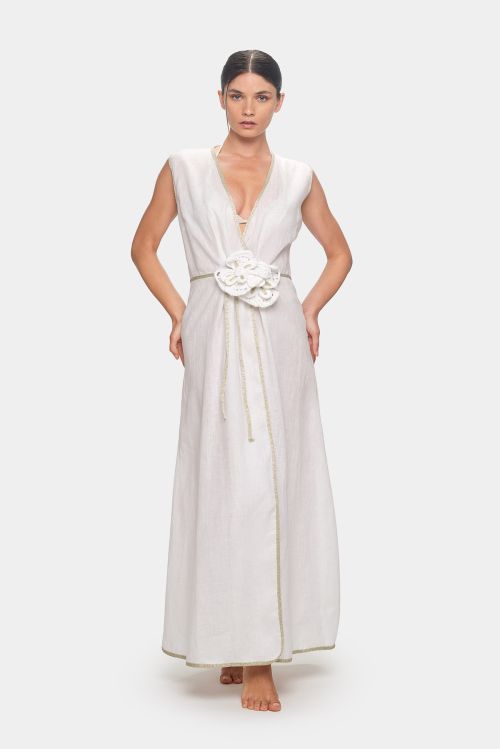 A03-PA_B Kaftano lungo in lino con rifiniture dorate della collezione estate 2024 Pantelleria Emamò Beachwear