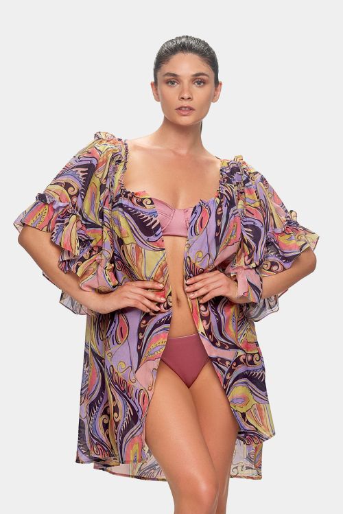 A30-IB_F Blusa aperta in leggero voile fantasia della collezione Ibiza estate 2024 Emamò Beachwear